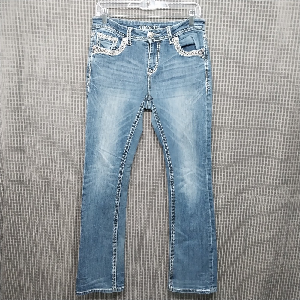 Grace in LA Jeans Women Bootcut Distressed Stretch Denim 30 Blue
